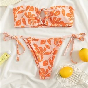 Leaf Print Bandeau Tie Side Bikini Swimsuit -Large